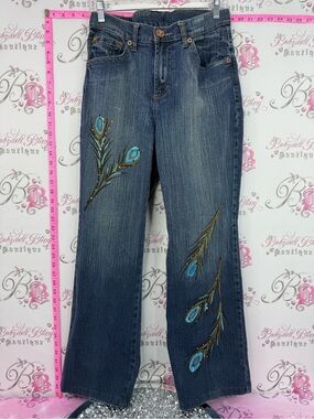 Department of peace Embroidered Peacock Feather Wide-Leg Women Jeans - Blue